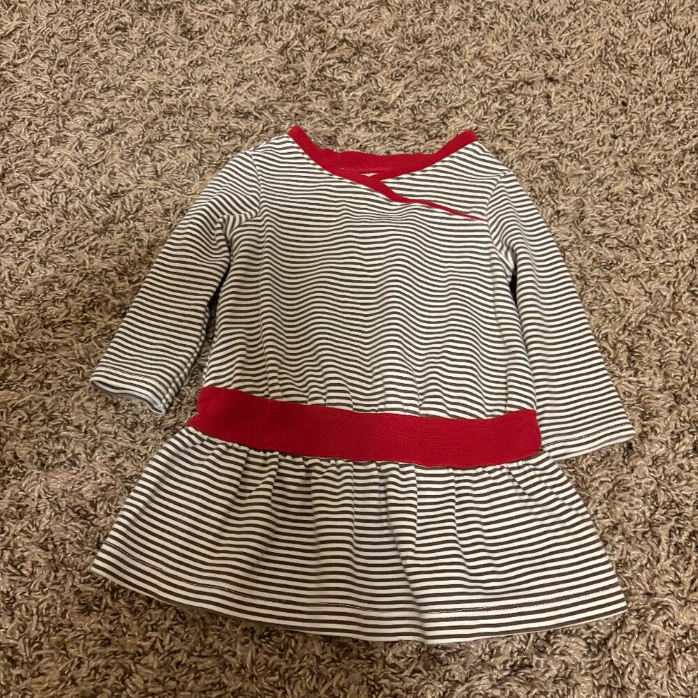 Tea Collection Striped Dress 6-12 Month White and Gray with Red Trim Long Sleeve